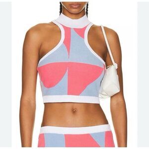 SER.O.YA “Zeri” Cropped Tank Top Light Blue Coral Pink Ribbed Knit Bodycon Sz M